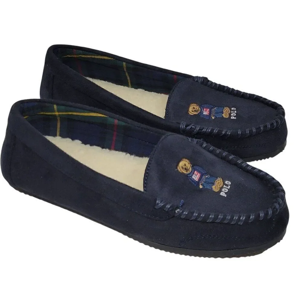 Polo Ralph Lauren Slippers Big Kid‎ Boys Child Size 9 Dezi V Bear Faux Suede Fur